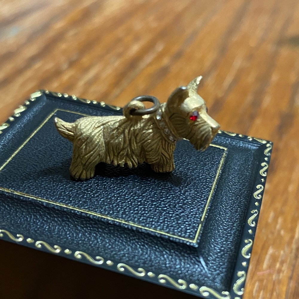 Gold Scottish Terrier Charm with Red Rhinestone Eyes Charm